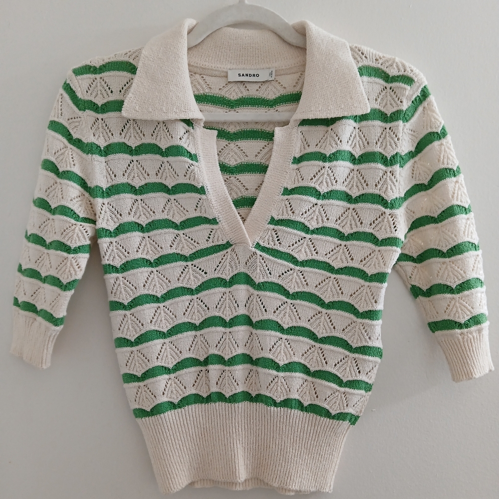 Sandro V-Neck Green and Cream Sweater with Wavy Stripes Size 0